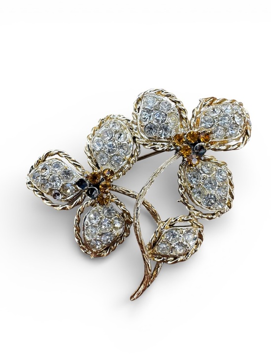 Jewelry - Vintage Rhinestone Floral Brooch – Clear & Topaz Crystal Flower Spray